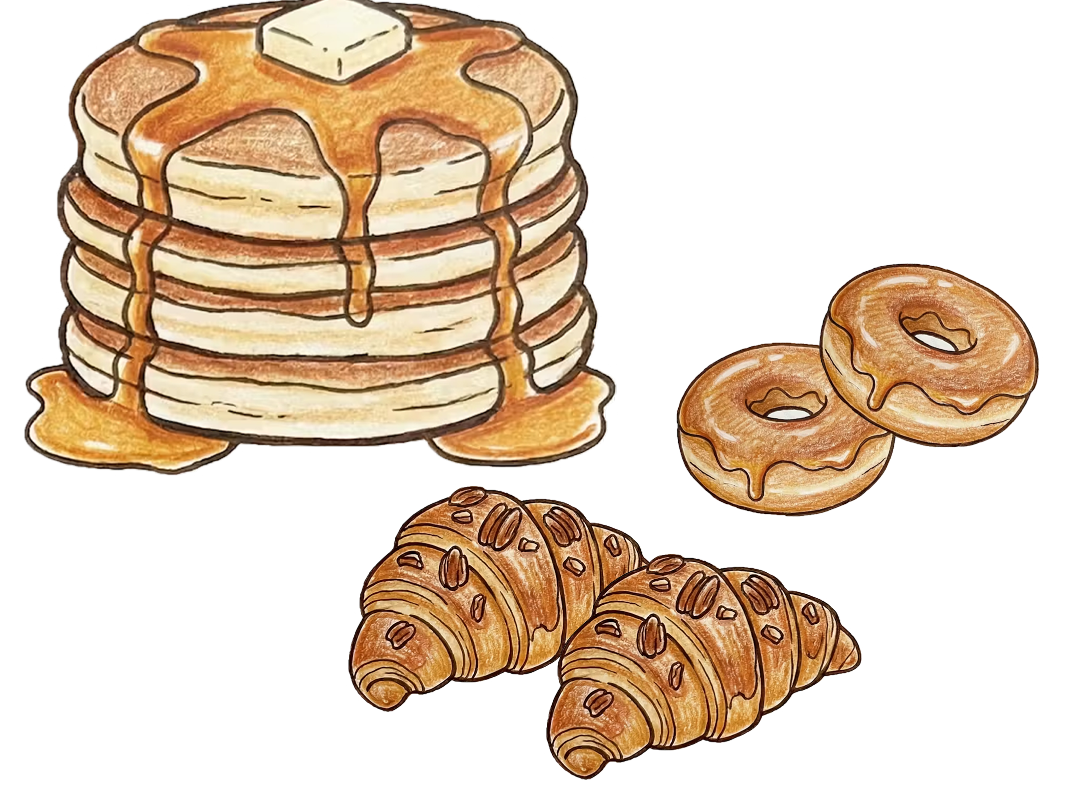 Drawings of Crepes, croissants and donuts with maple syrop (for about page)