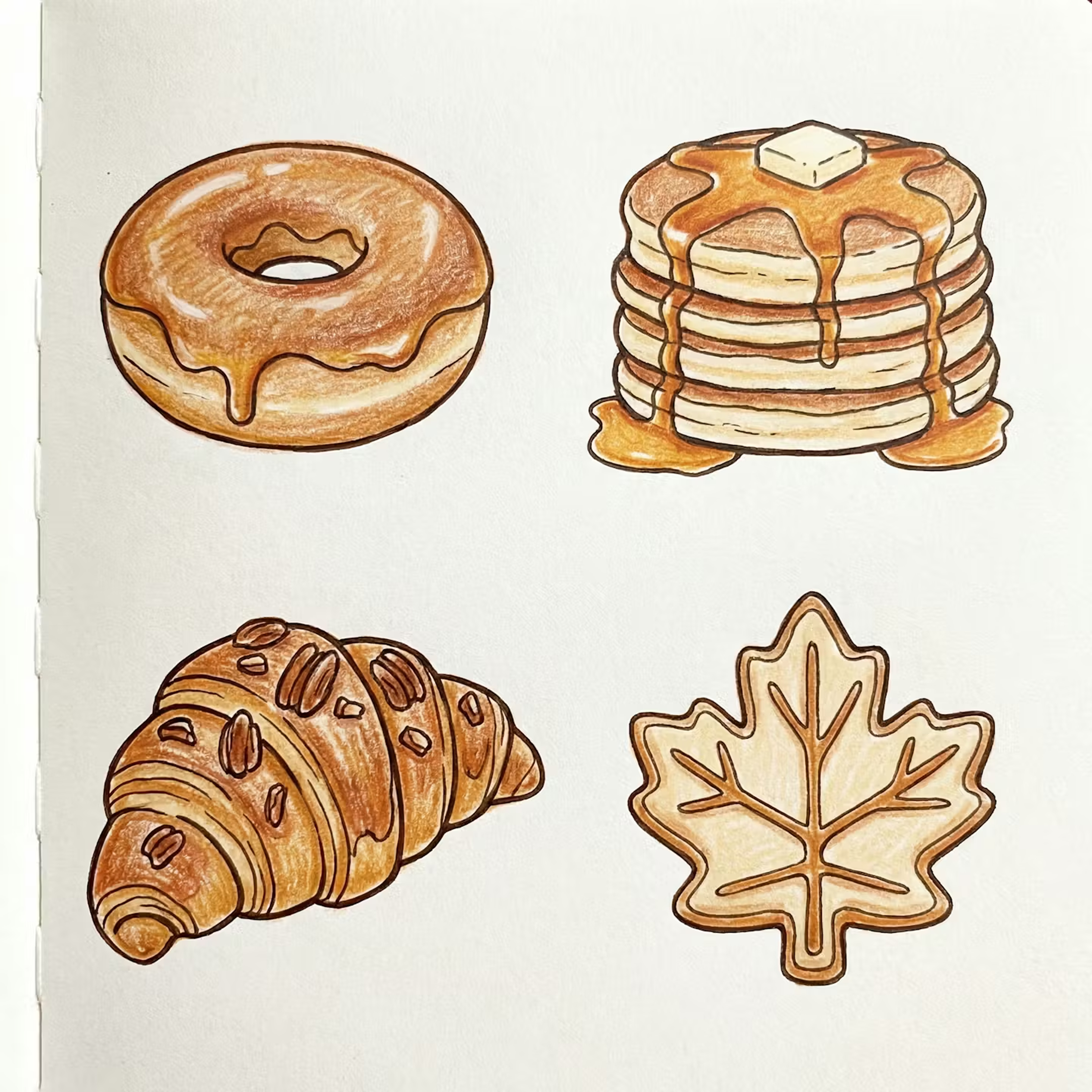 a picture of pastry dishes: donut, croissants, pancakes and maple leaf