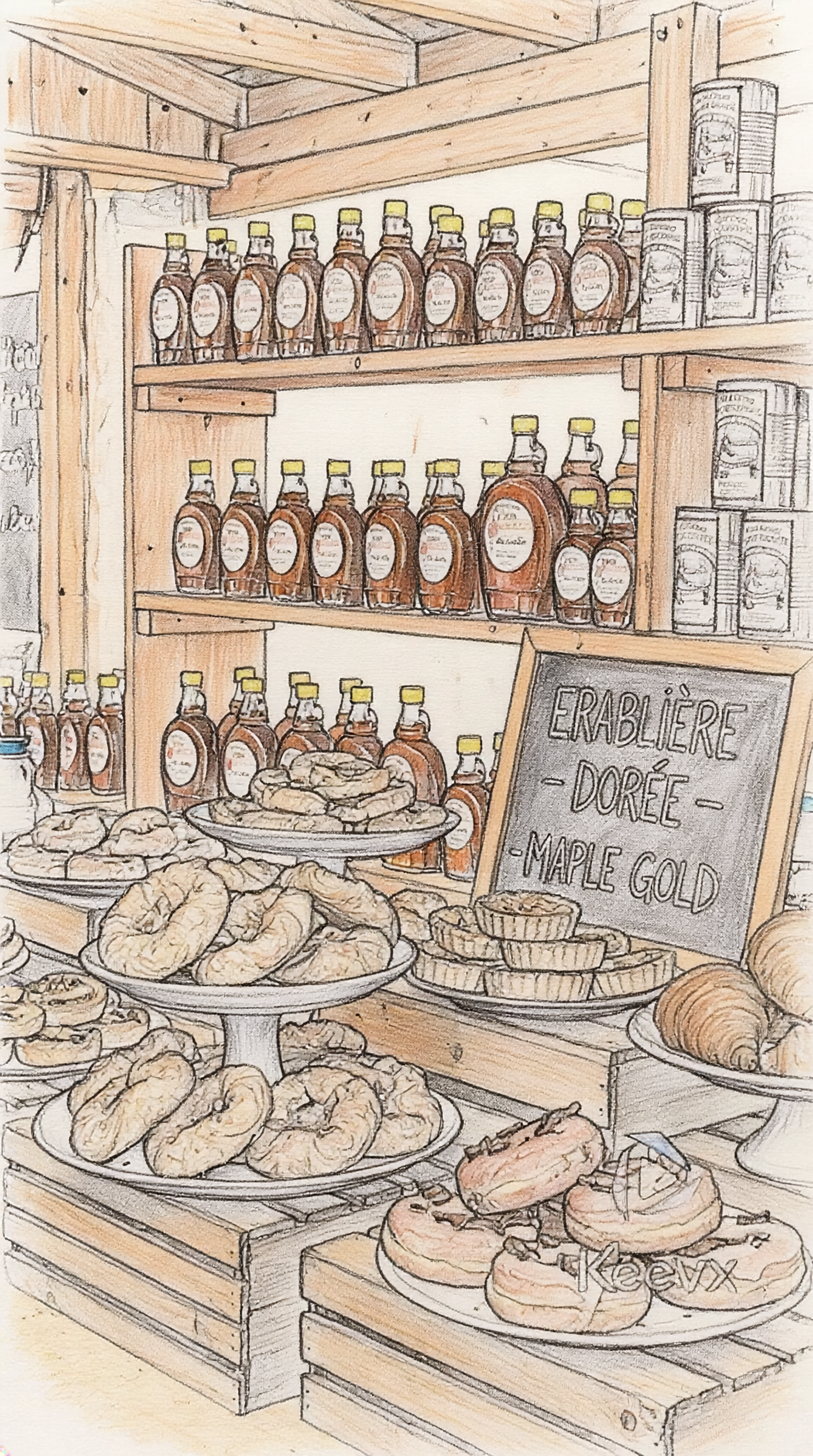 a drawing of the bakery with pastry goods and bottle of maple syrup