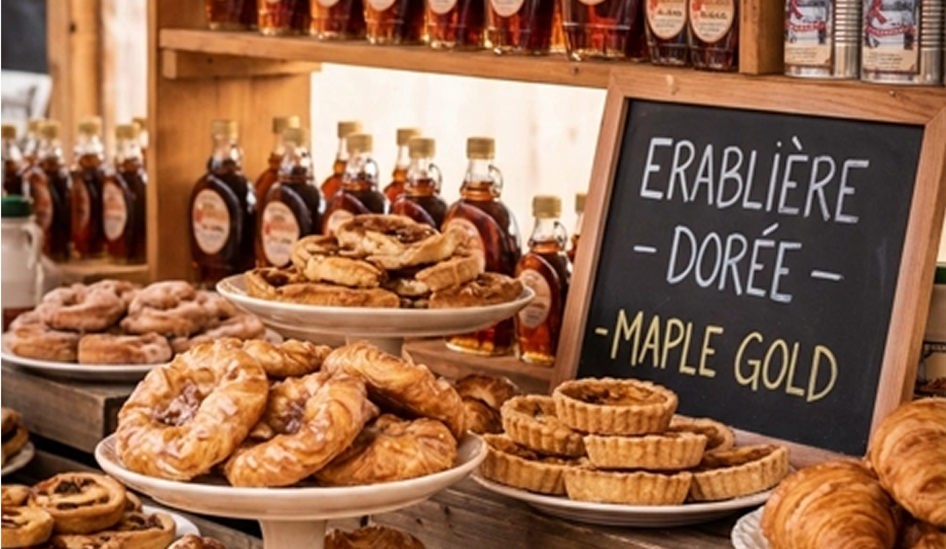 Maple desserts and maple syrups on the background. The image is for the news card about the new spring maple collection.