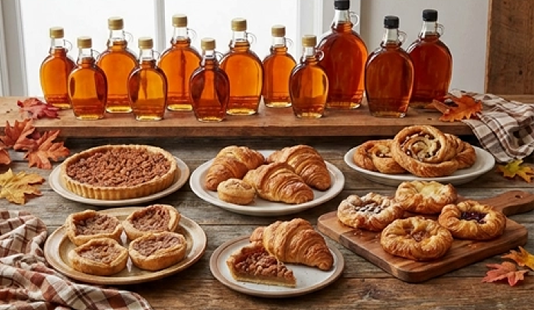 Fresh baked pastries and maple syrups on the background. The image is for the news card about freshly baked pastries every morning.