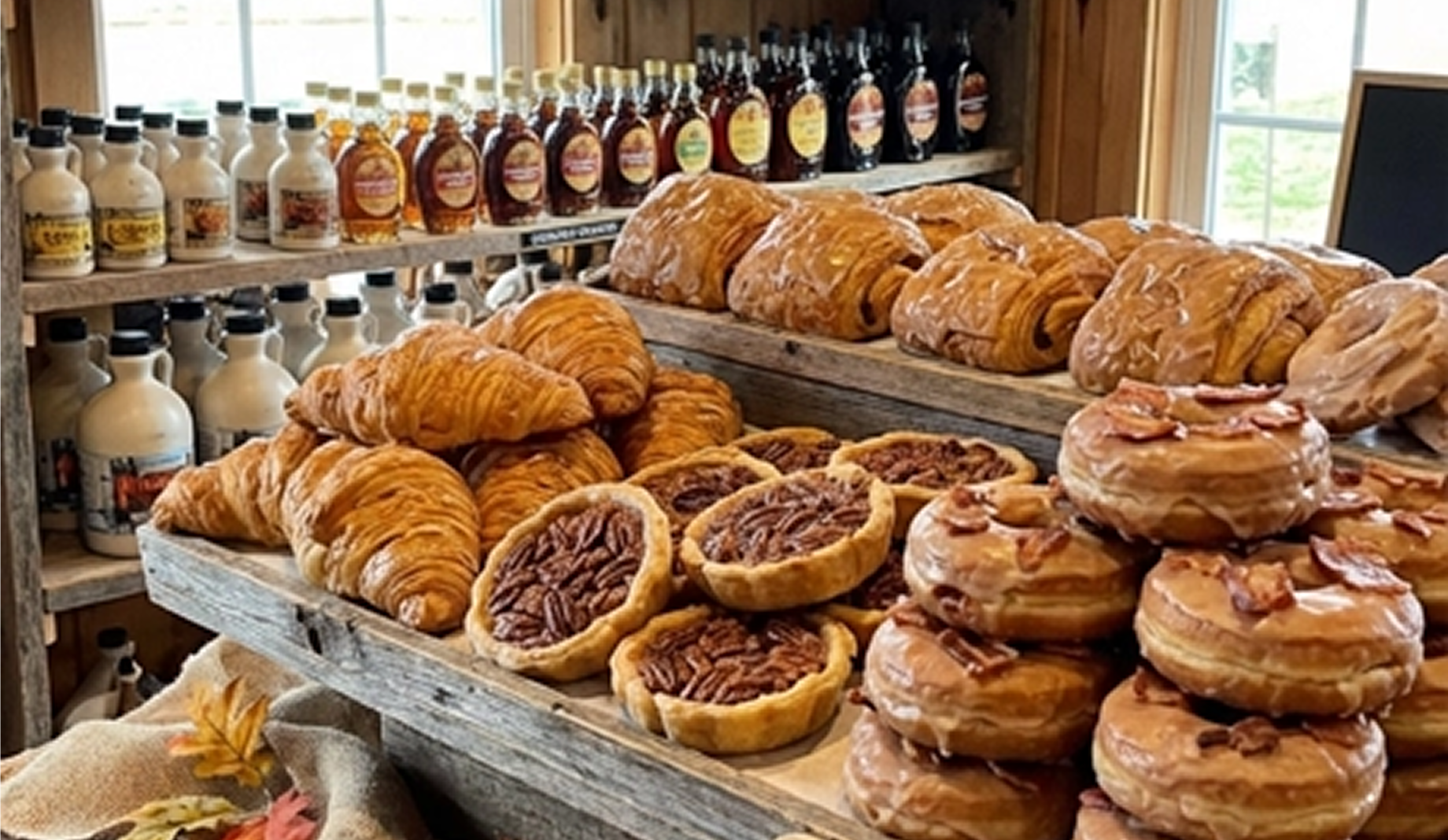 Maple Syrup pastries and maple syrups on the background. The image is for the news card about the new specialty coffee.